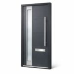 Anthracite grey contemporary composite door with full-height glazed strip and stainless-steel pull bar handle — Dublin Blinds