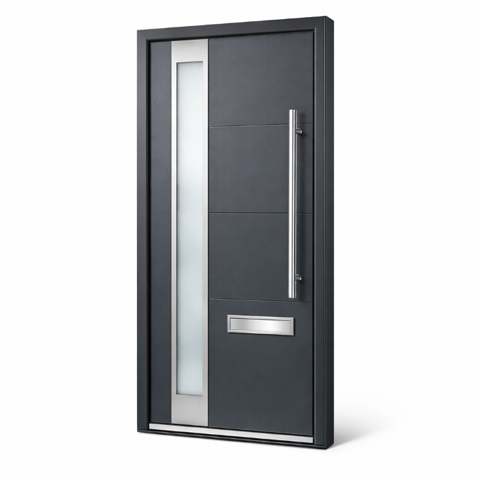 Anthracite grey contemporary composite door with full-height glazed strip and stainless-steel pull bar handle — Dublin Blinds