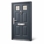Anthracite grey traditional composite front door with six-panel design, decorative glass inserts, and traditional metalwork — Dublin Blinds