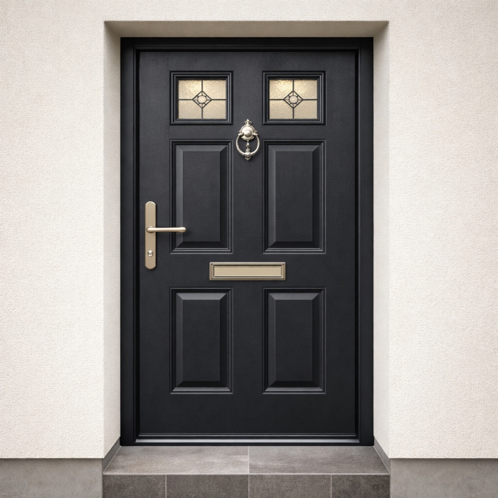 Black traditional composite door with decorative glass and rustic metalwork professionally installed in a Dublin home entrance — Dublin Blinds