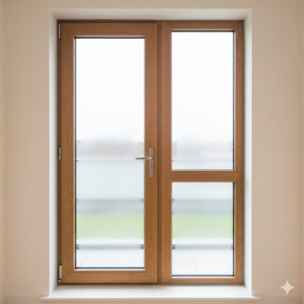 Oak wood effect uPVC balcony block installed in Dublin apartment — tilt-and-turn door and fixed window — Dublin Blinds