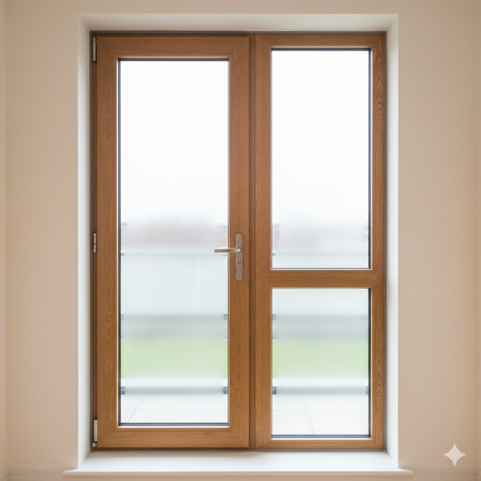 Oak wood effect uPVC balcony block installed in Dublin apartment — tilt-and-turn door and fixed window — Dublin Blinds